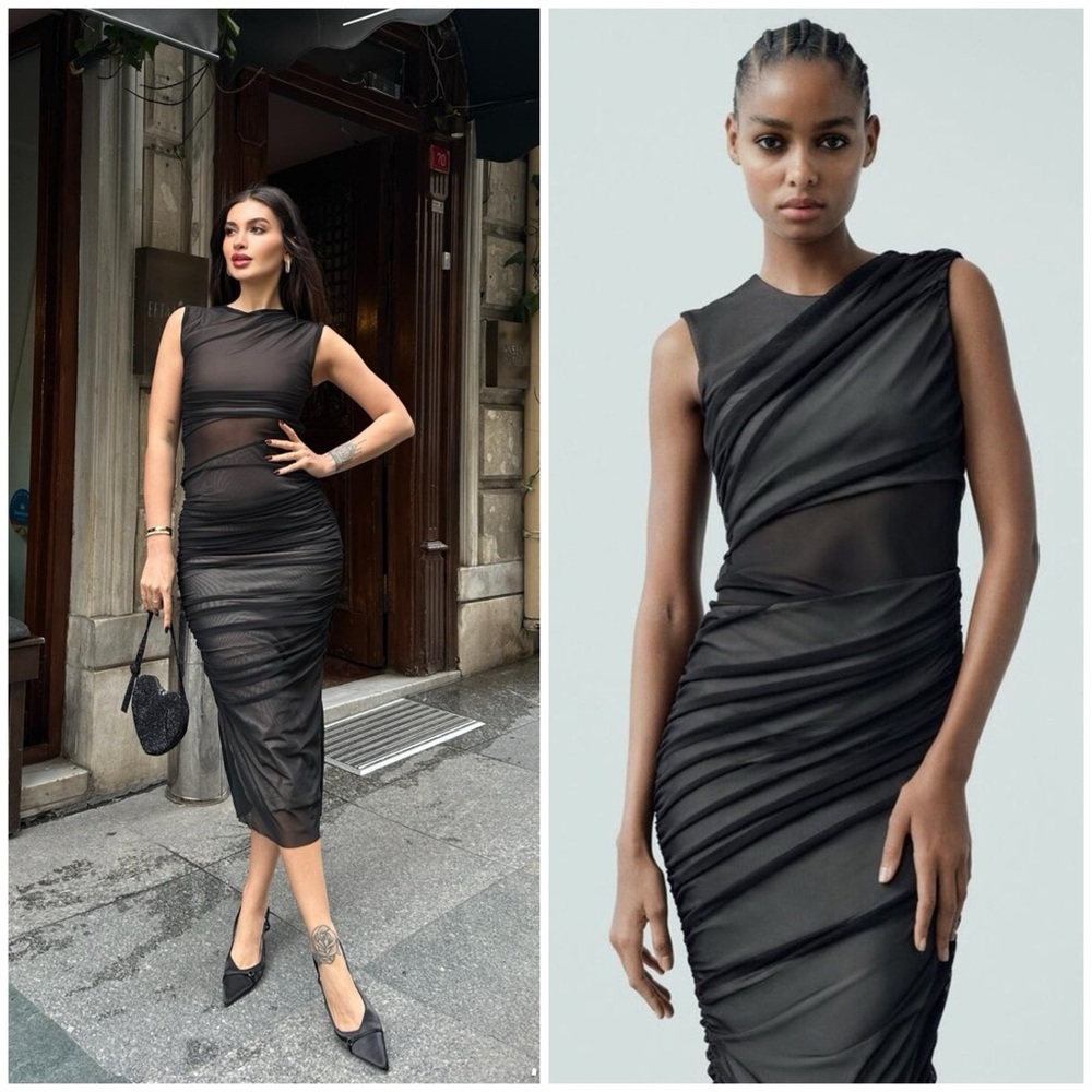 Zara Black Asymmetrical Ruched Sheath Dress